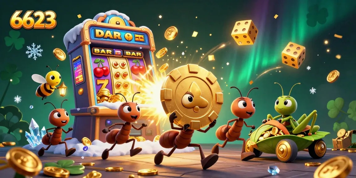 Experience the excitement of 6623 with a heist scene featuring adorable cartoon ants amidst vibrant casino elements.