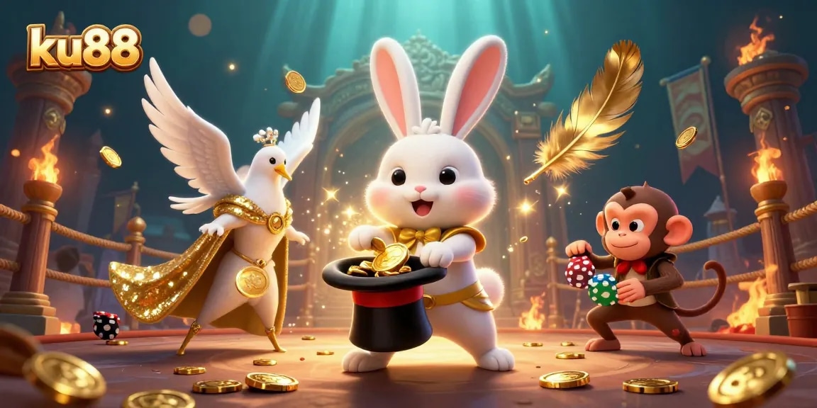 Win big with ku88 in this dynamic 3D casino illustration showcasing magical characters and elements.