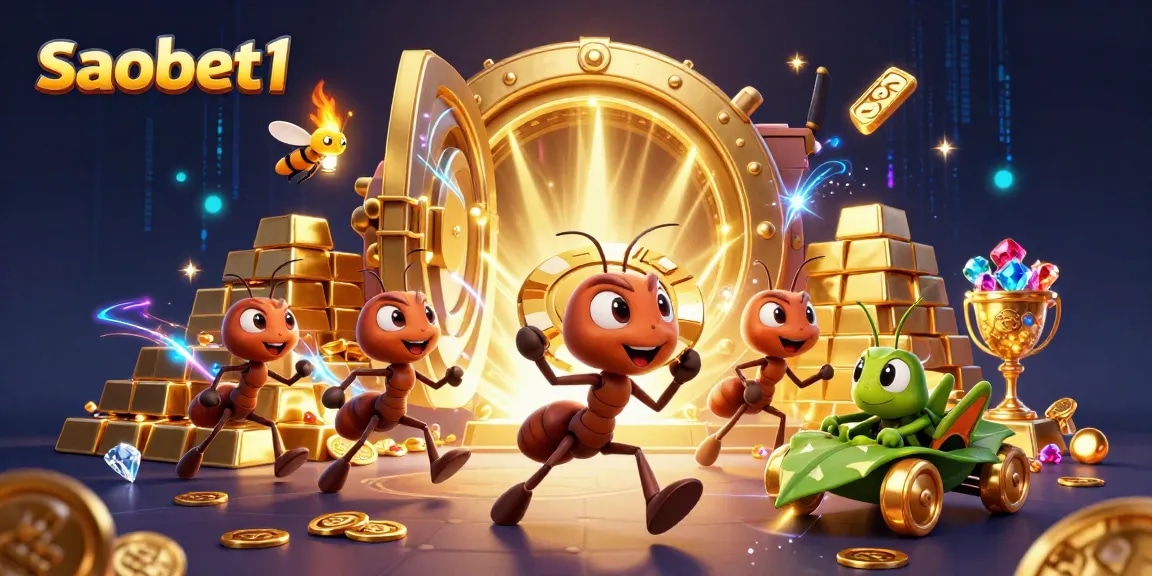 saobet1 ant team running a poker chip heist in a vibrant casino tunnel scene
