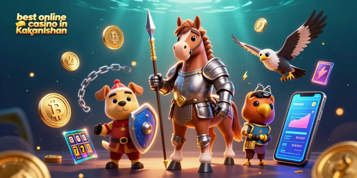 Engage in the best online casino in Kazakhstan with a vivid illustration of knights, crypto elements, and vibrant casino items