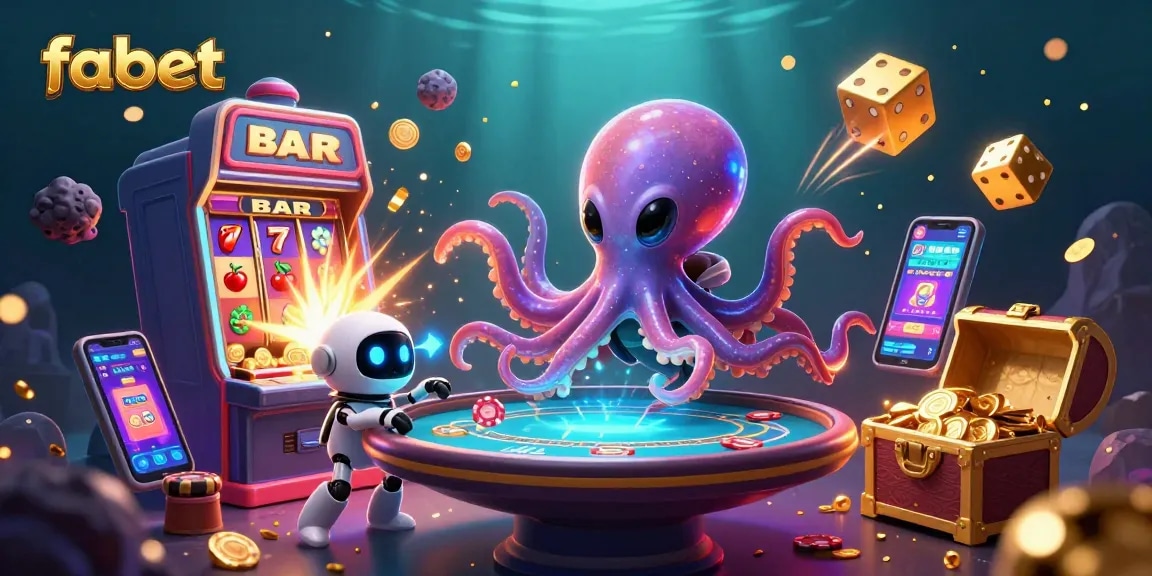 Engage in fabet's thrilling casino experience with an alien octopus at a floating poker table amid vibrant graphics.