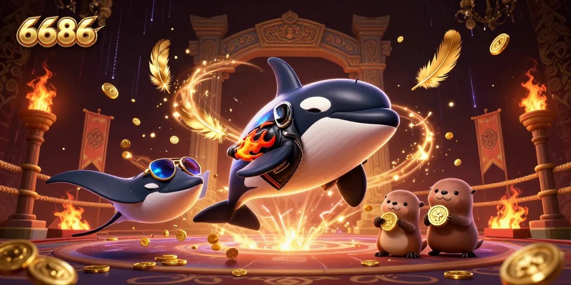 Experience thrilling action in 6686's vibrant gaming scene with animated characters, golden coins, and dynamic casino elements.