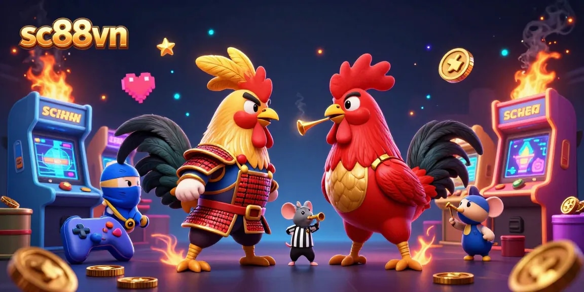 Engage in thrilling cockfighting action at sc88vn, with 3D roosters preparing for battle amidst vibrant arcade elements.