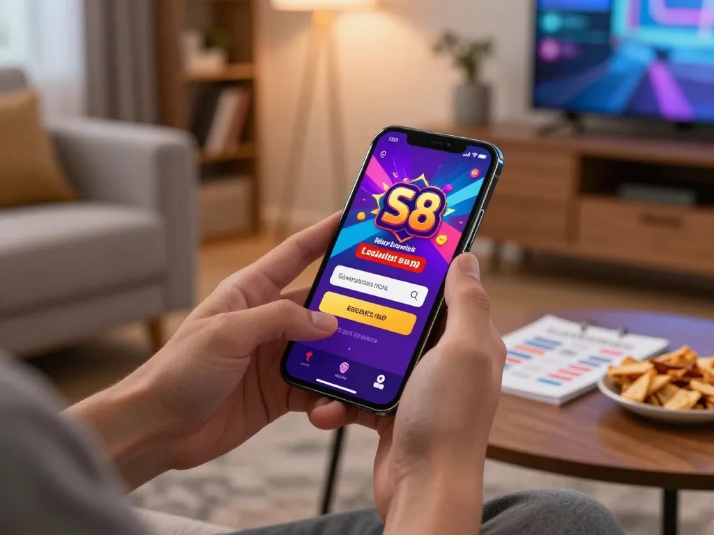 Engaging moment of Đăng ký S8 on a smartphone in a cozy home setting, highlighting the excitement of mobile gambling.