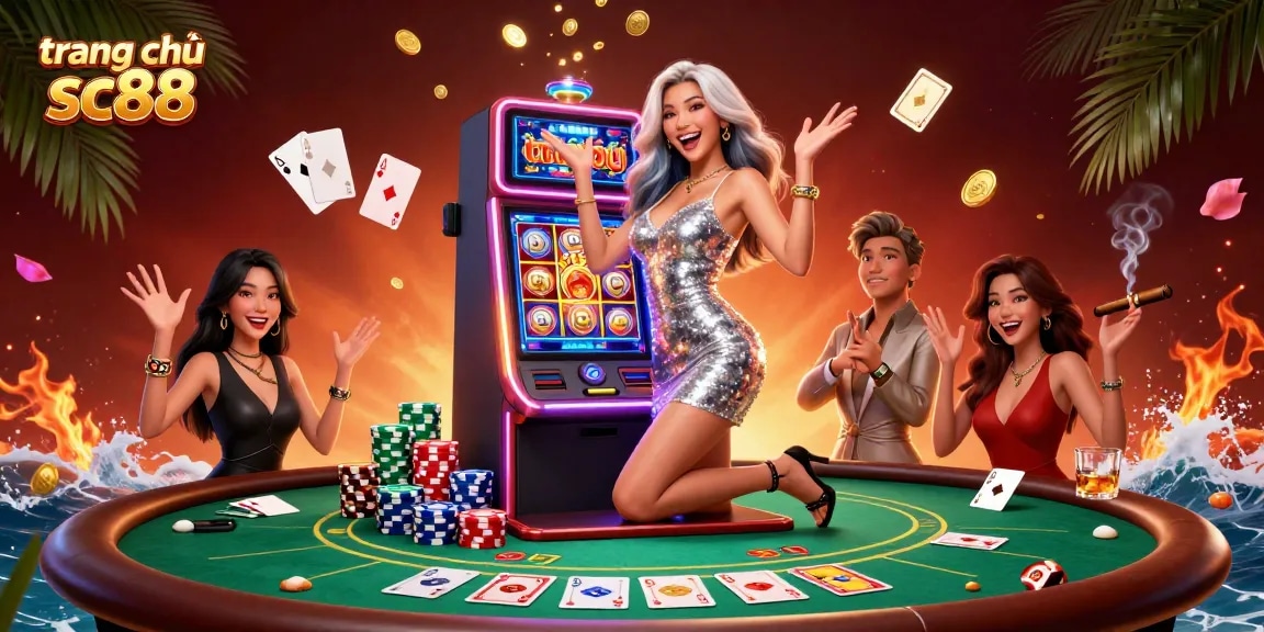 Experience excitement at trang chủ sc88 with a vibrant 3D illustration of casino action and jackpot celebrations.