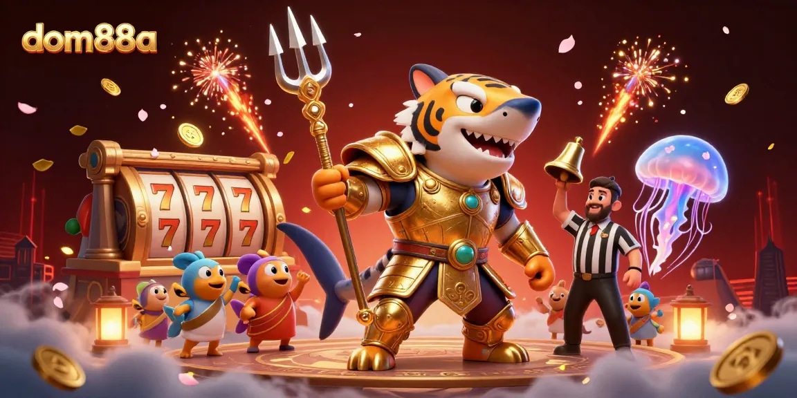 Experience thrilling action with dom88a's vibrant underwater casino scene featuring a shark warrior and festive elements.