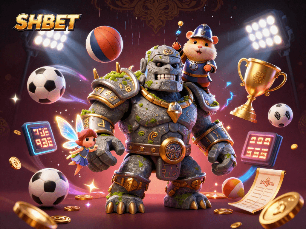 Experience SHBET with a magical 3D casino scene featuring dynamic sports elements and enchanting characters.