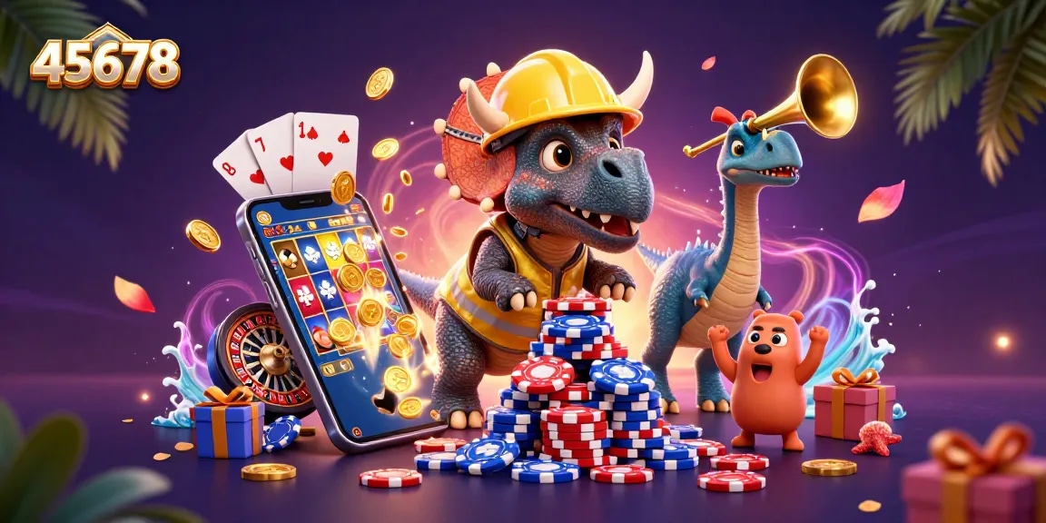 Celebrate wins with 45678 in this energetic casino scene featuring triceratops building poker chip pyramid.