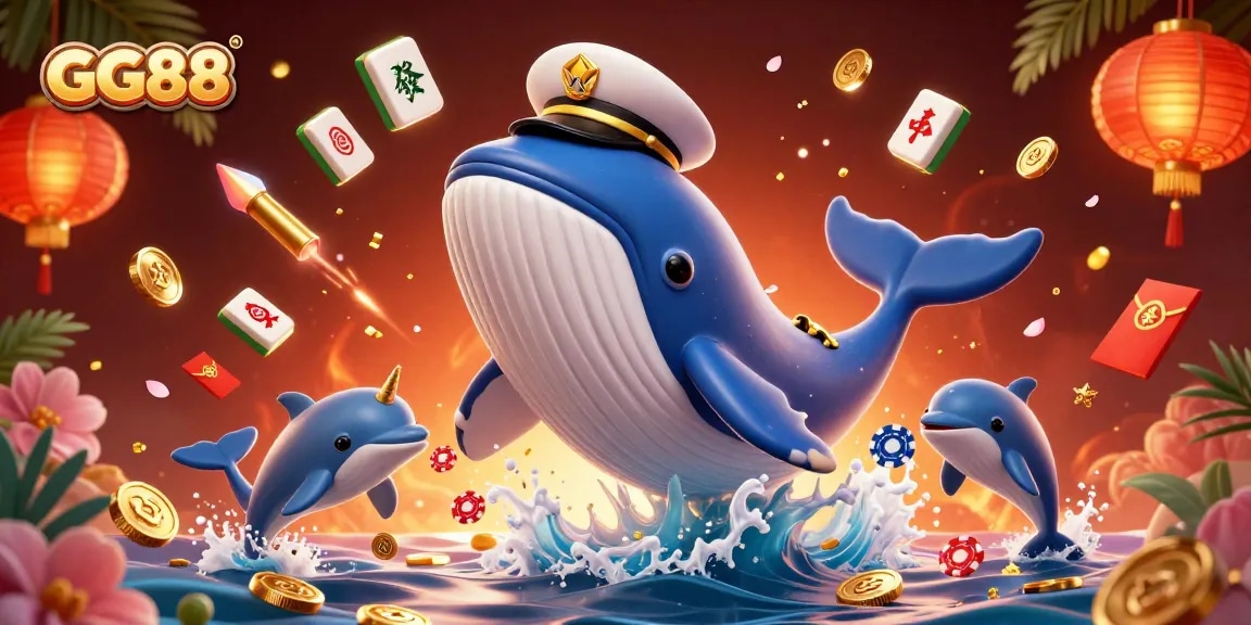 Experience GG88’s exciting world with a vibrant scene featuring playful dolphins and a majestic whale in a dynamic casino atmosphere.