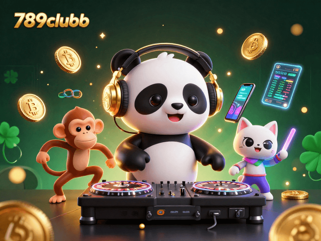 Join the fun at 789clubb with cartoon characters celebrating casino games and cryptocurrency.
