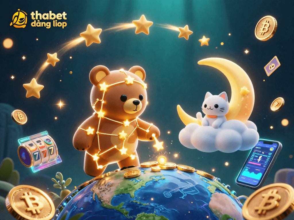 Engage in fun with thabet đăng nhập as the constellation bear scoops up coins amidst rich casino elements.