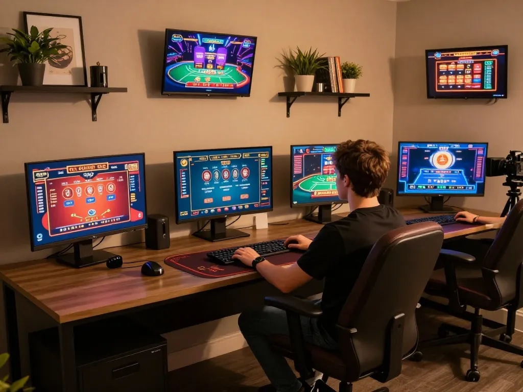 MM88 ZO player engaging with online casino games on multiple screens, showcasing a professional gaming setup.