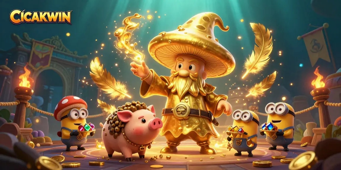 CICAKWIN features an enchanted golden mushroom wizard, treasure-hunting truffle pig, gemstone-carrying minions amidst golden coins.