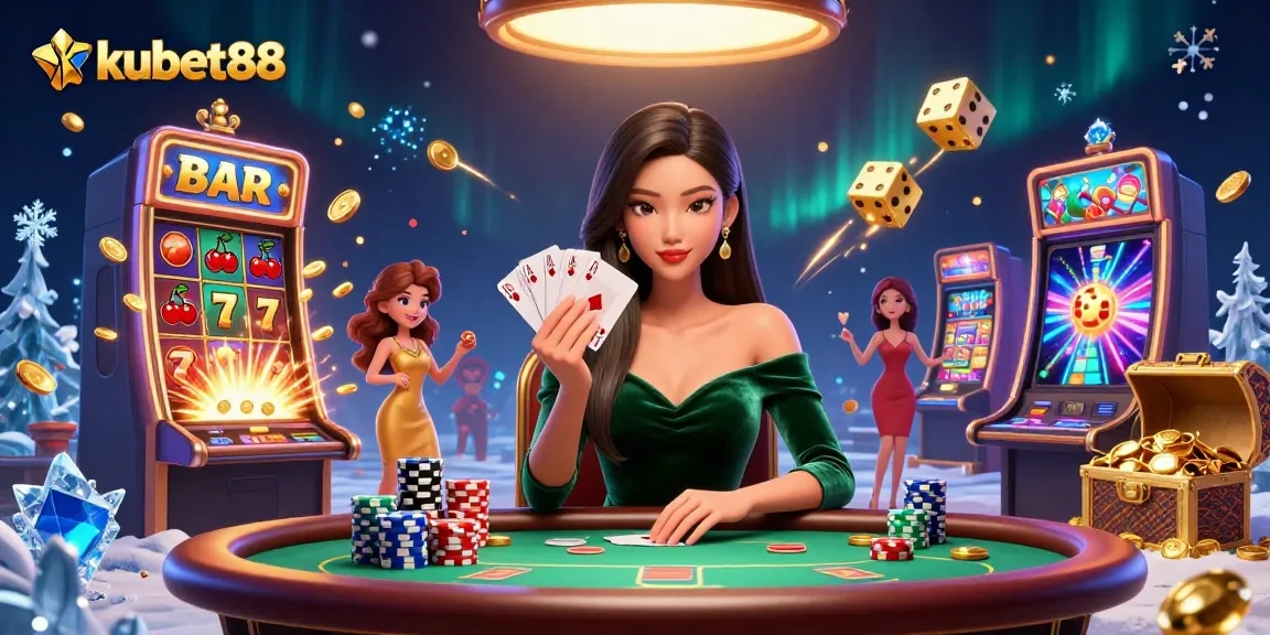 Engage with kubet88 at a vibrant poker scene featuring a beautiful woman strategizing her winning hand