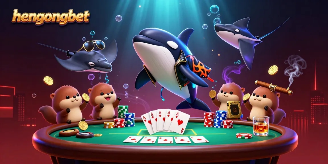 Play exciting games at hengongbet with an orca, stingray, and otters in a vibrant casino scene