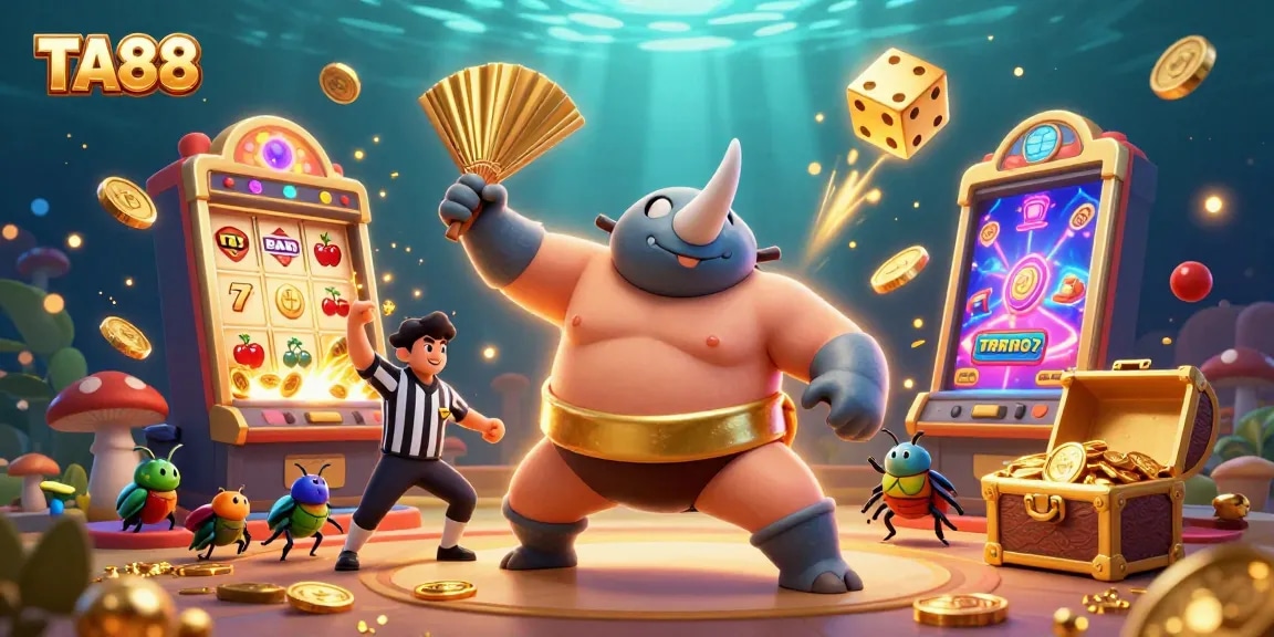 TA88 showcases a dynamic jackpot scene with a sumo champion beetle, coins, and vibrant slot machine elements.