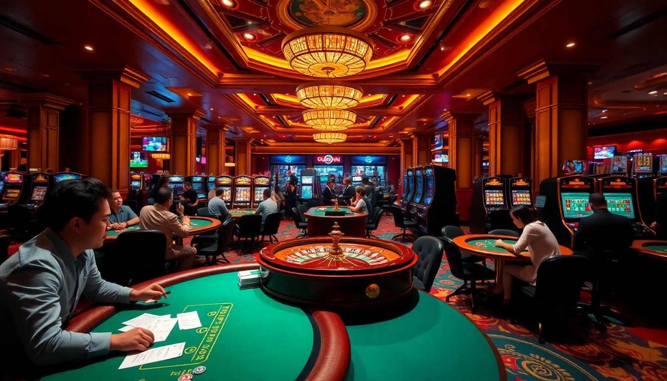 Experience the excitement of gambling at https://tx88org.com/, showcasing poker tables and vibrant slot machines.
