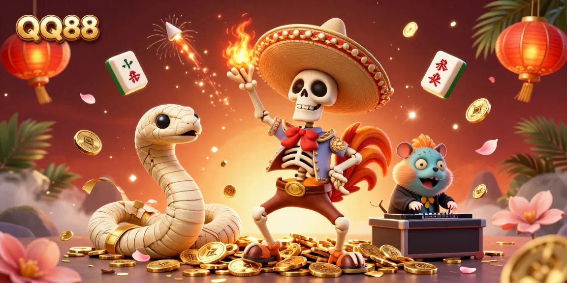 Experience the excitement of QQ88 as a 3D cartoon mariachi rooster dances on golden coins, surrounded by festive elements.