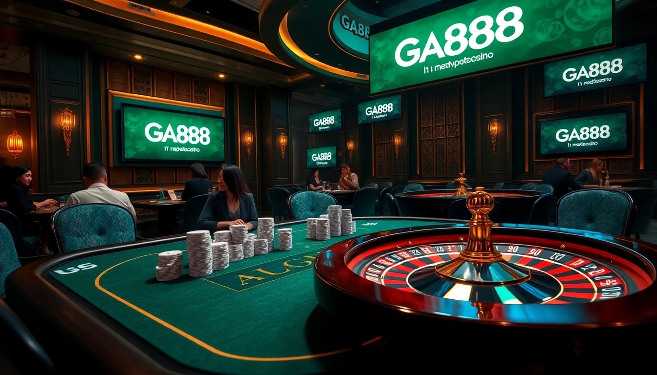 Engaged players at a luxurious GA888 casino table, showcasing excitement in high-stakes gambling.