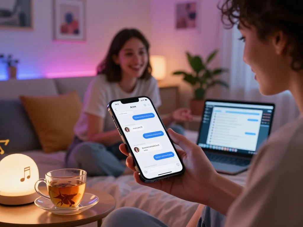 Engaging discussion on free ai sex chat displayed on a smartphone in a cozy bedroom atmosphere.