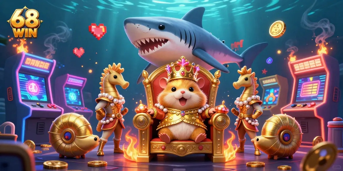 Win big with 68 WIN at a vibrant casino scene filled with arcade games and regal characters.