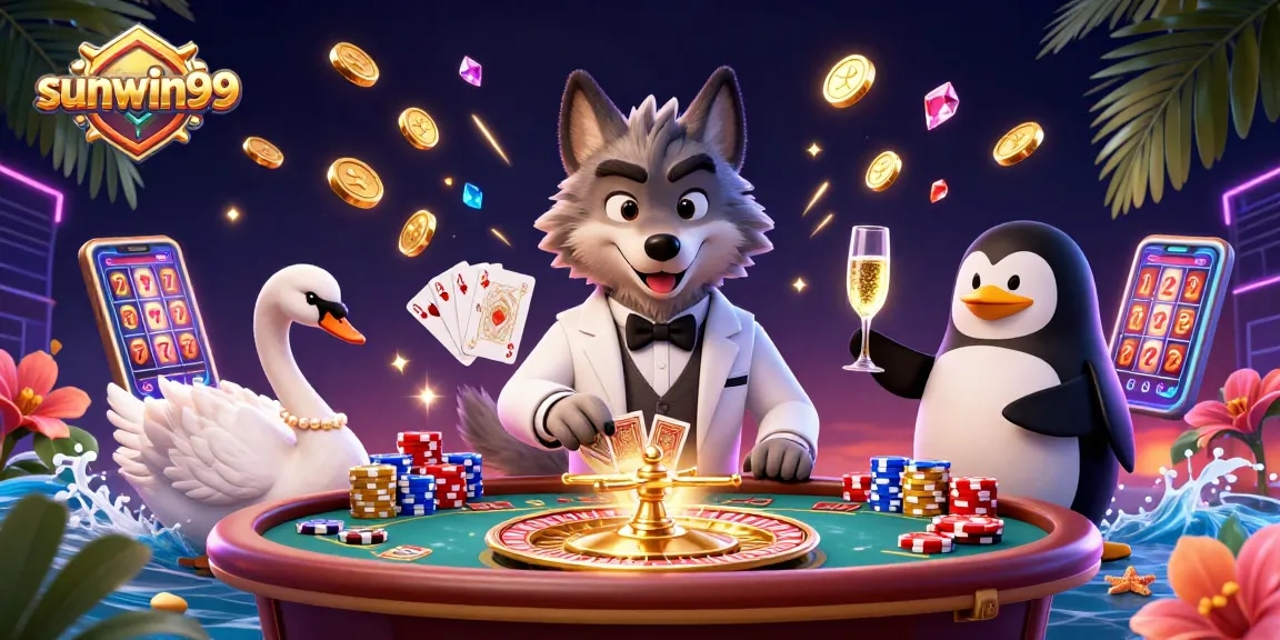 Experience sunwin99 excitement with vibrant casino characters at a dynamic baccarat table.