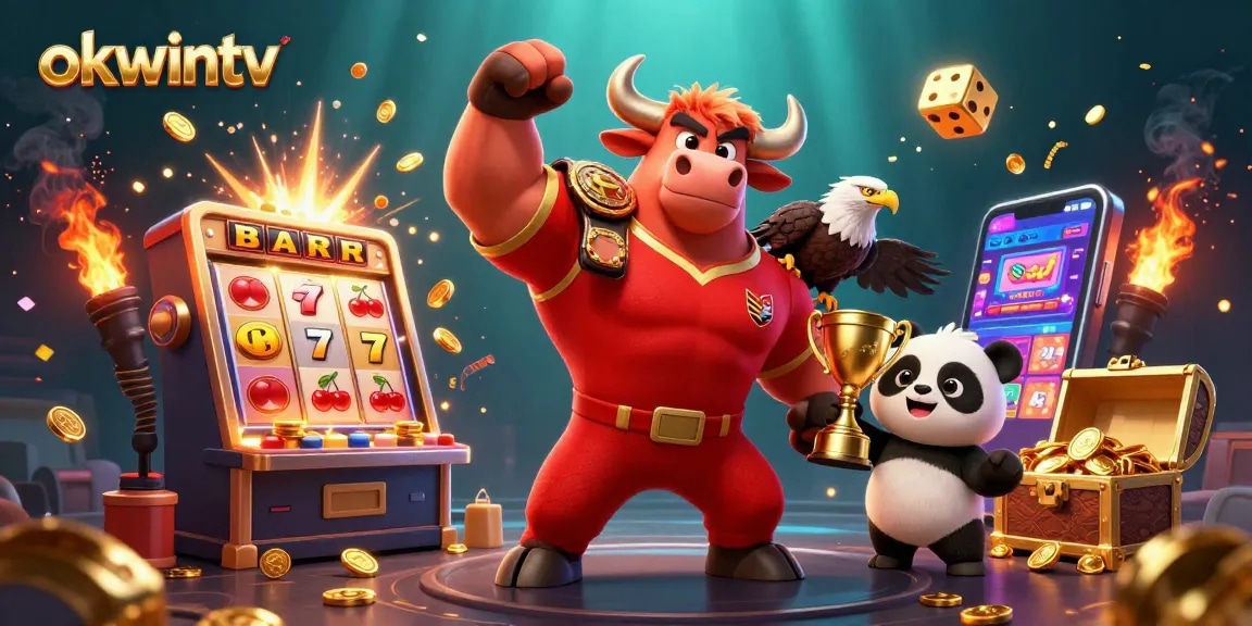 Experience the excitement of okwintv with a victory pose from a bull mascot and dynamic casino elements.