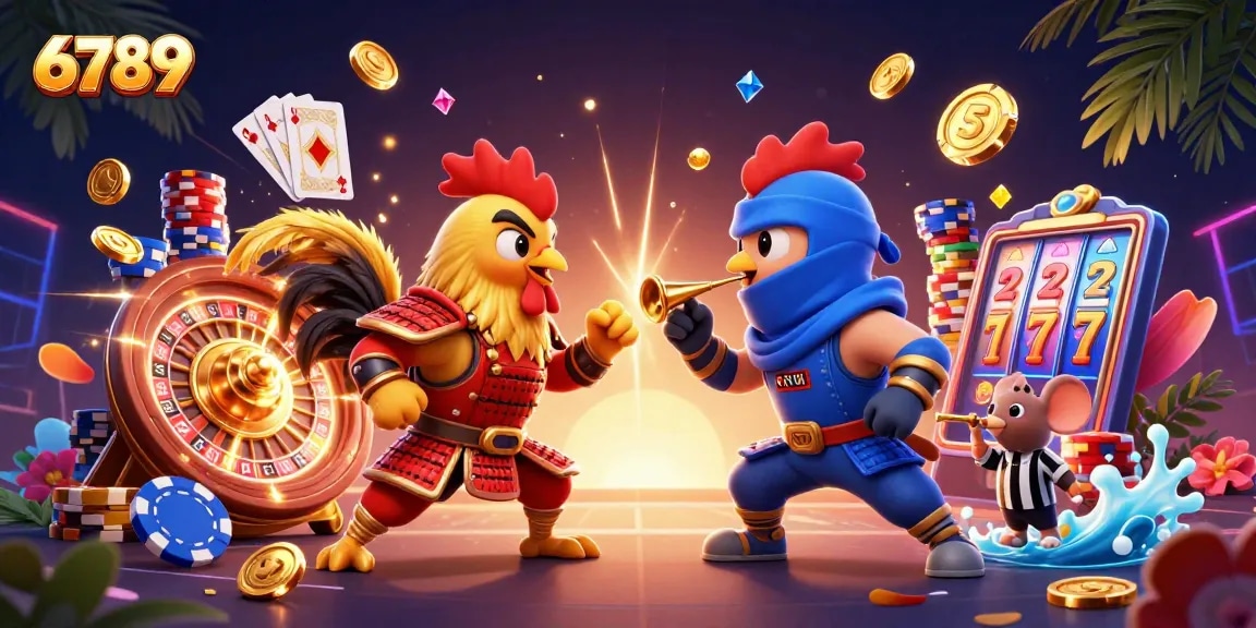 Join the thrilling battle of 6789 as roosters clash in a colorful casino scene filled with golden coins and cards.