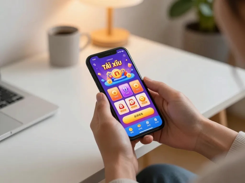 Engaging with the app tài xỉu online on a smartphone in a cozy home environment.