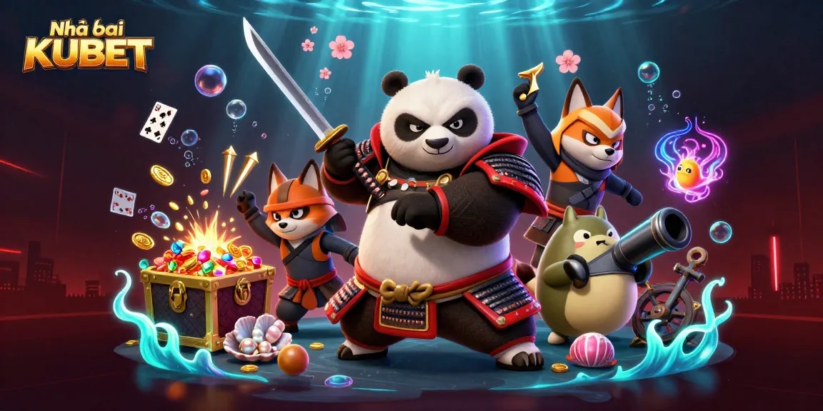 Engage with the vibrant world of Nhà cái KUBET featuring a fierce panda samurai and ninja fox in an action-packed casino scene.