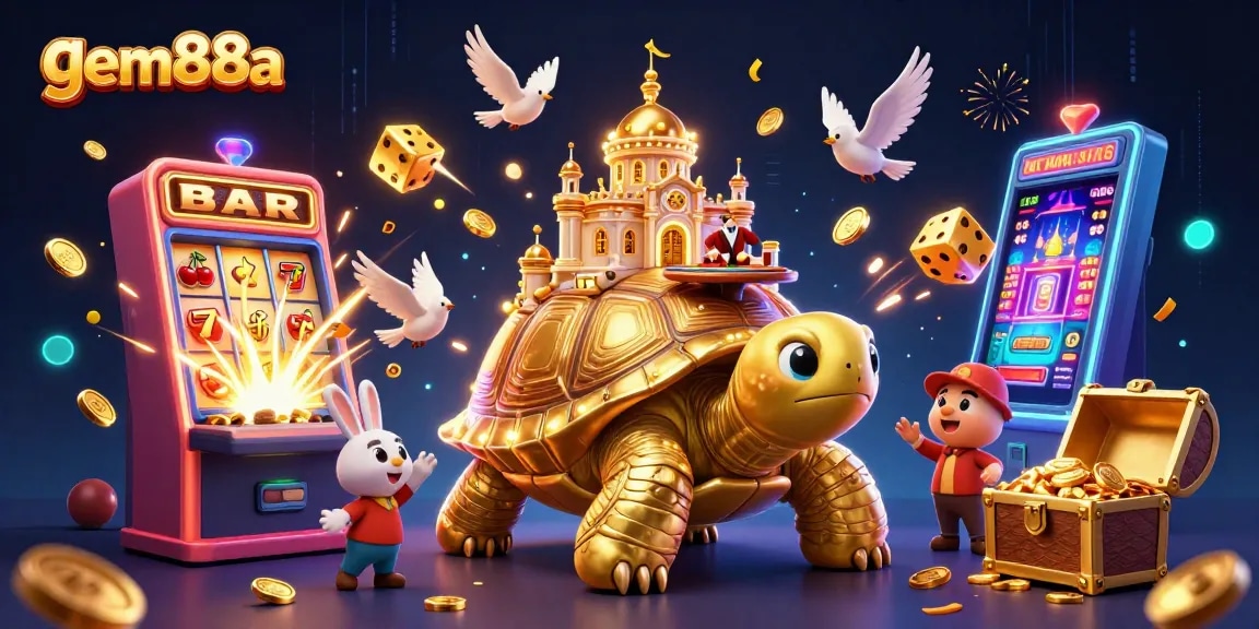 Experience gem88a's vibrant gaming scene with a golden tortoise casino, an engaging rabbit dealer, and golden coin action.