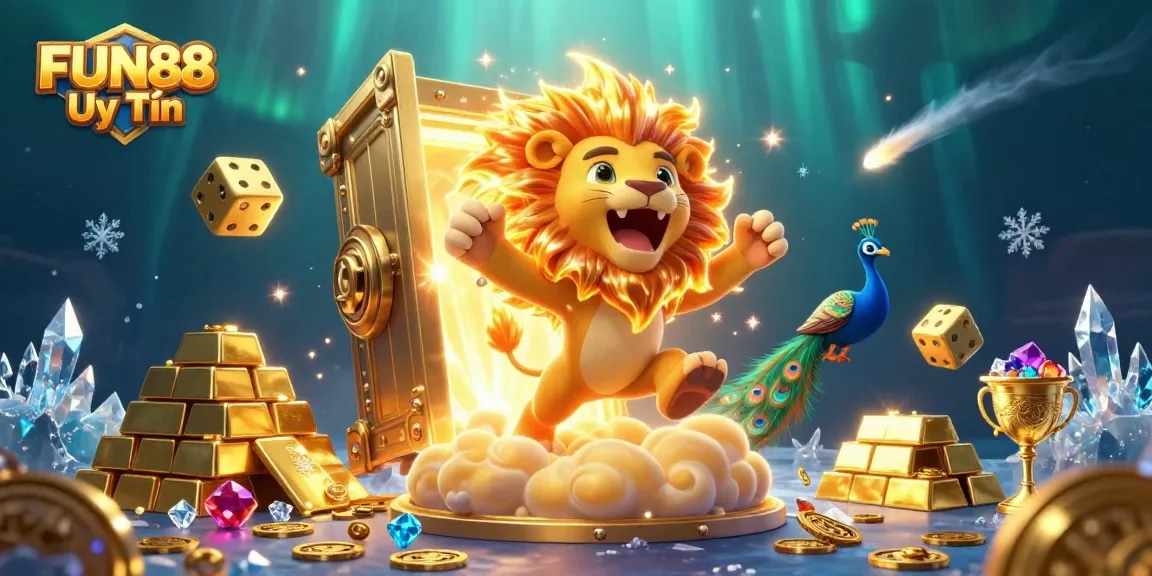 Experience FUN88 Uy Tín's vibrant casino world with dazzling treasures and spinning golden dice.