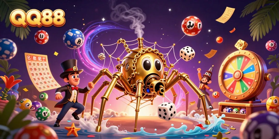 Experience thrilling QQ88 gaming action with a steampunk spider and dynamic lottery elements.