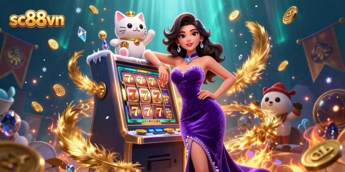 Experience thrilling wins at sc88vn with a glamorous lady celebrating a jackpot beside a playful fortune cat.
