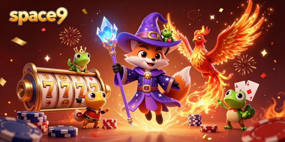 Engage with space9 casino through an enchanting 3D illustration featuring a wizard fox, phoenix, and immersive gaming elements.