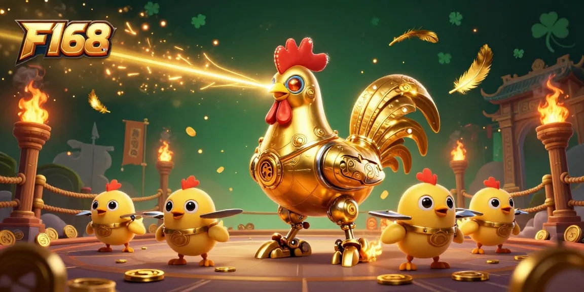 Experience thrilling action with F168's golden rooster robot and baby chick drones in a casino battle scene.