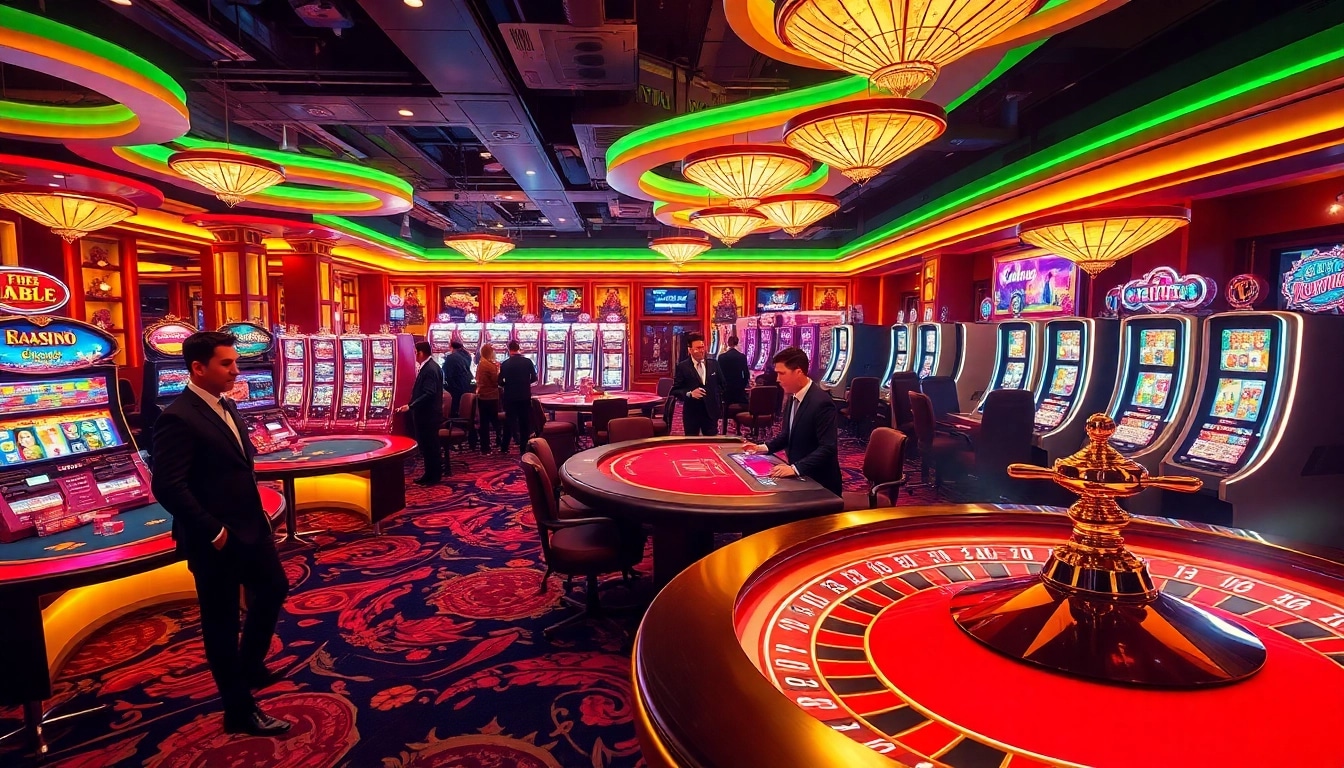 The vibrant casino scene at https://f1686s.com/ highlights players engaging with tables, slot machines, and a spinning roulette wheel.