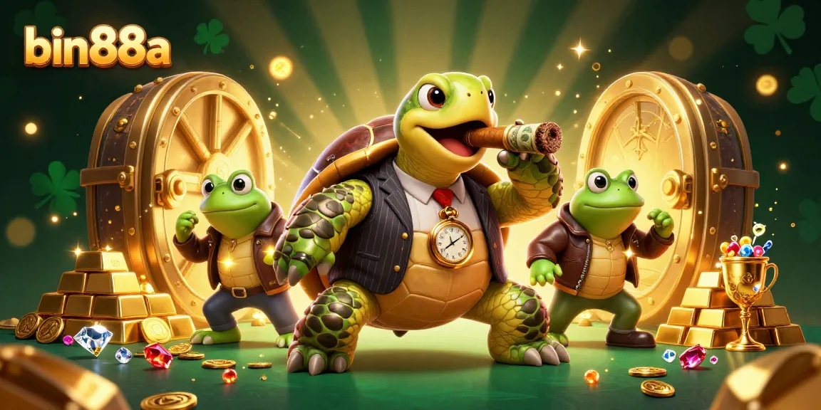 Experience thrilling wins at bin88a with vibrant casino action featuring a giant turtle and bullfrog enforcers.