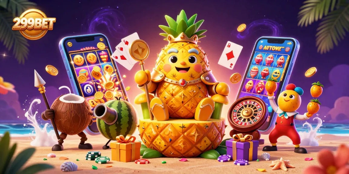 Engage with 299BET, showcasing a dynamic beach casino scene with gaming elements bursting with excitement.