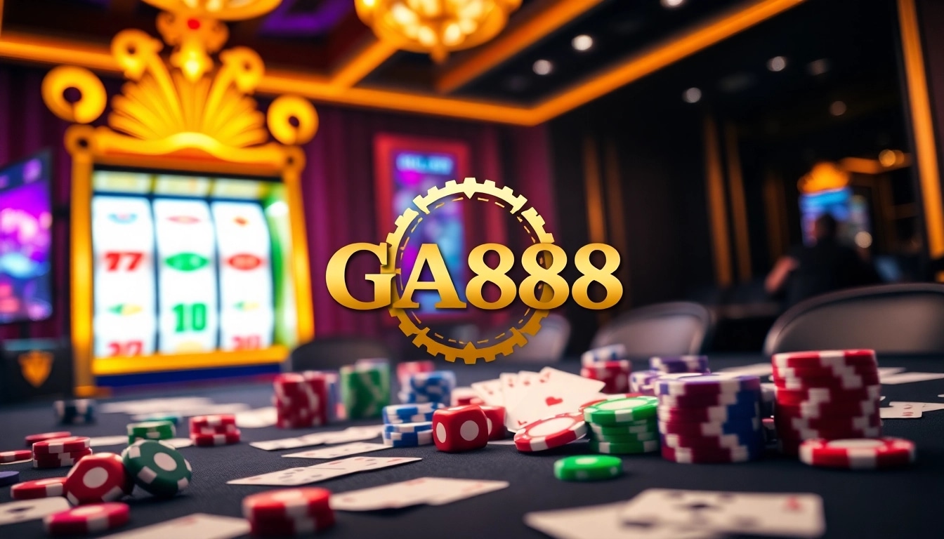 GA888's rich casino environment featuring poker chips and a bright slot machine.