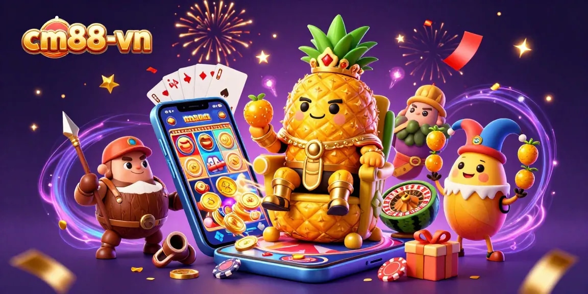 Experience thrilling gameplay at cm88-vn with the golden pineapple king in a vibrant beach casino scene.