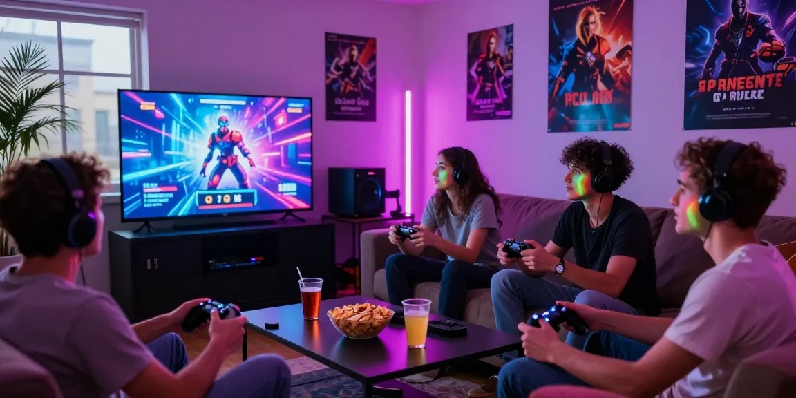 Group enjoying a gaming night playing popular game sex titles, vibrant atmosphere with snacks and drinks.