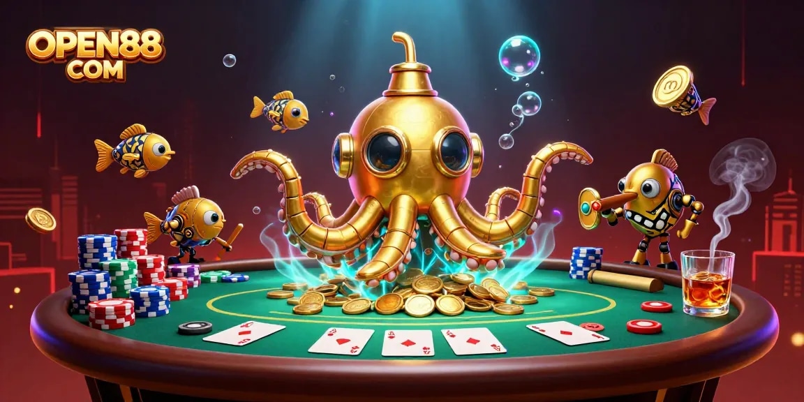Experience thrilling poker with OPEN88 COM featuring an energetic kraken in a sea of gold.