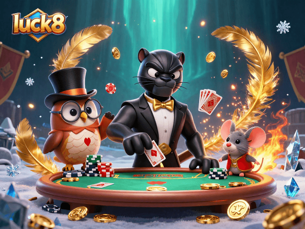 Experience luck8 excitement with stylish characters dealing cards and holding chips at a dynamic casino.