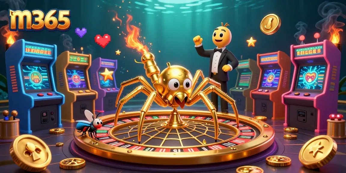Engage with m365 in a dynamic casino scene featuring gold elements, game machines, and thrilling action.