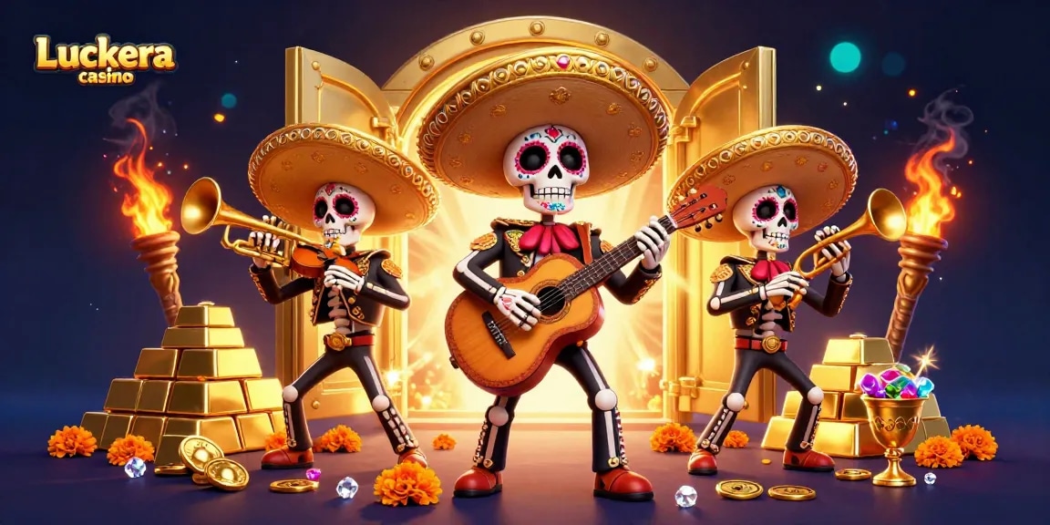 Experience the rich universe of Luckera casino with mariachi skeletons amidst treasure and jewels.