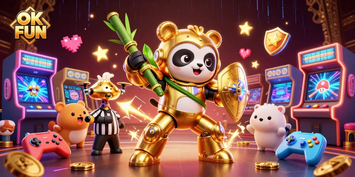 Engage in the excitement of OK FUN with a mech-suit panda in a dynamic casino setting, surrounded by vibrant game elements.