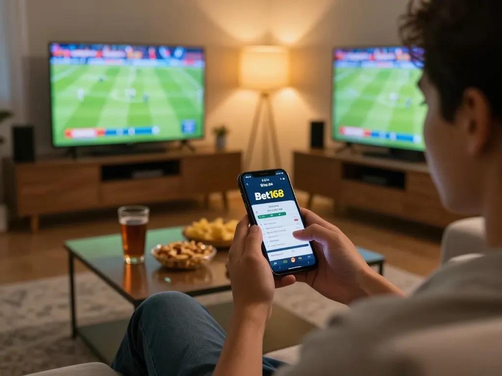 Bóng đá Bet168 action on smartphone showcasing live betting features in a cozy sports watching environment.