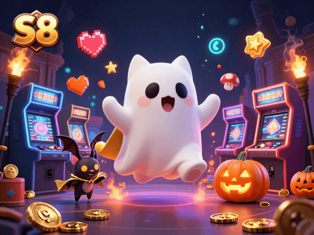 S8 showcases a lively ghost cat and bat in a bustling casino, surrounded by vibrant games and glowing elements.