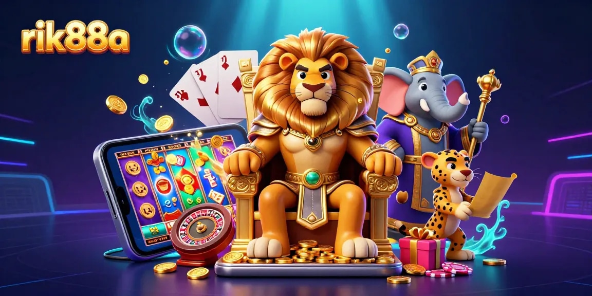 Engage with rik88a's thrilling casino experience featuring a majestic lion king in a vibrant gaming scene.